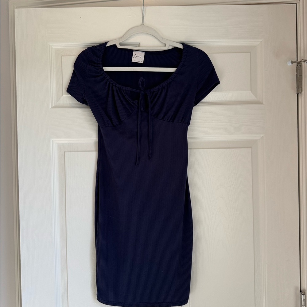 Livi By Olivia Rae Navy Ribbed Tie Front Keyhole Mini Dress - Size S